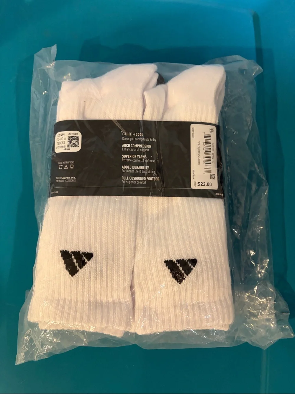 New in Package ADIDAS Men's White Crew Socks - 6 Pack Large